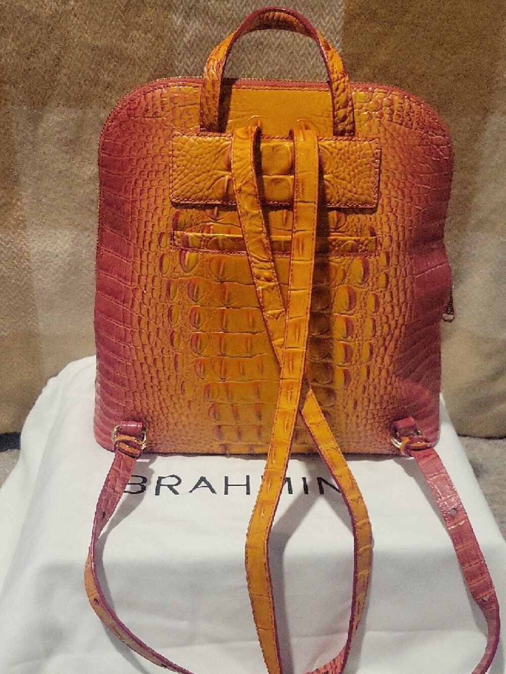 Brahmin Two-Tone Amber and Brick Croc-Embossed Leather Backpack - Picture 2 of 3